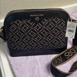 NWT Michael Kors Black and Tan Patterned logo Crossbody Bag